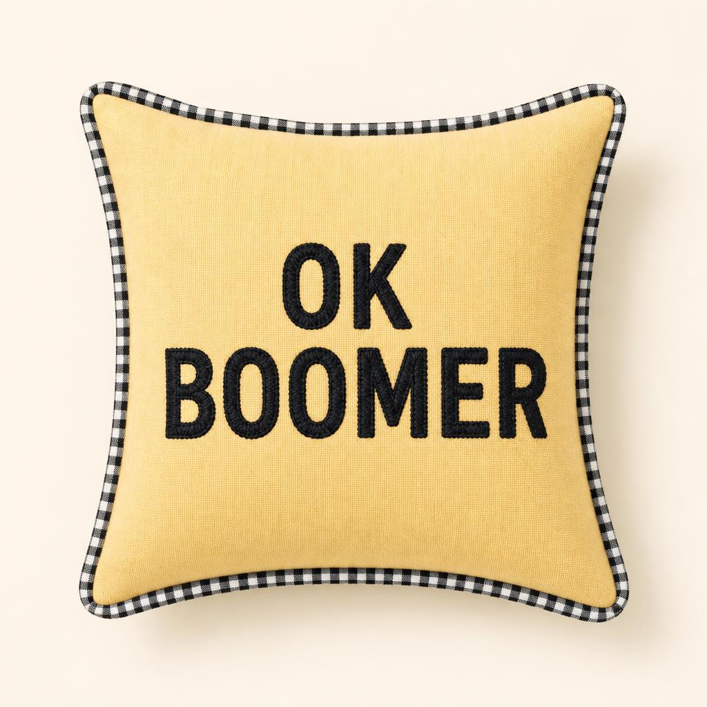 Studio shelf featuring OK Boomer in gingham